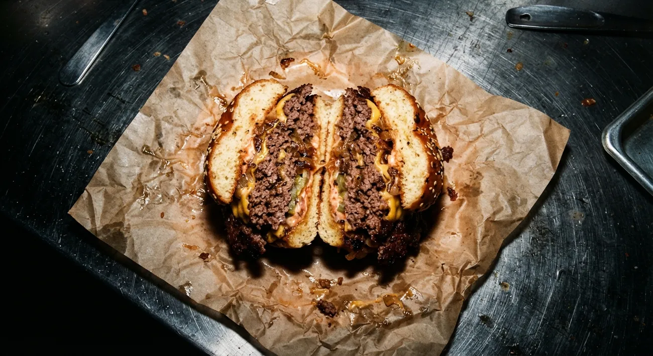 Rozpůlený double smash burger na papíře