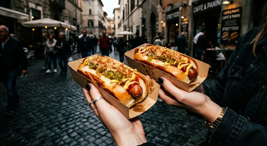 Hot dog v ruce na ulici